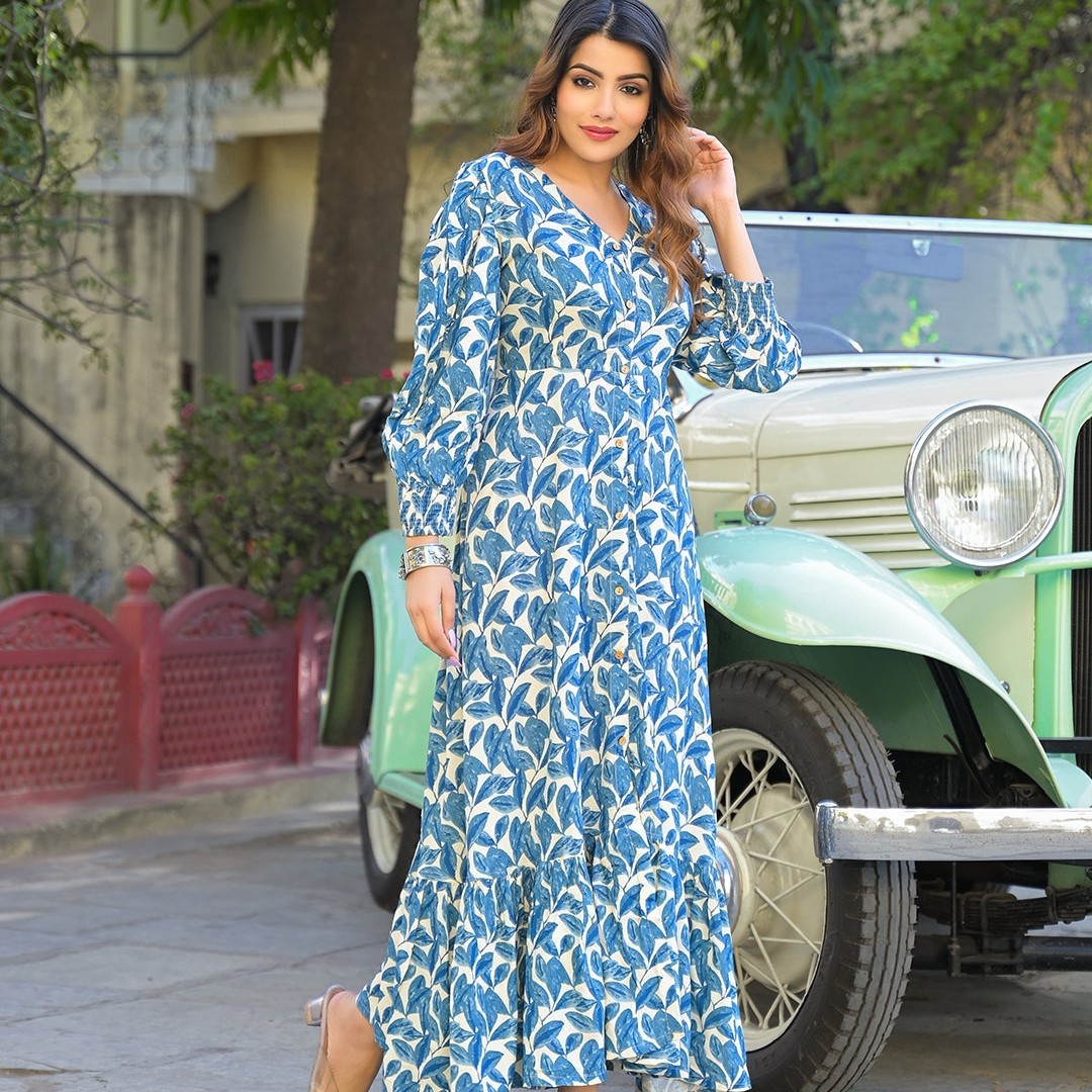 Plus Size Cream Ethnic Motif Cotton Dress for Women | Printed Cotton Midi Dress