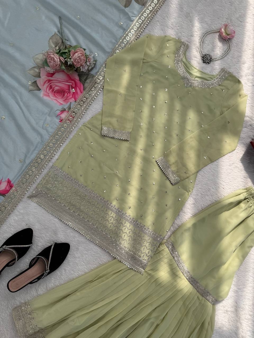 New Faux Georgette Sage Green Top Palazzo With Dupatta For Ethnic Wear