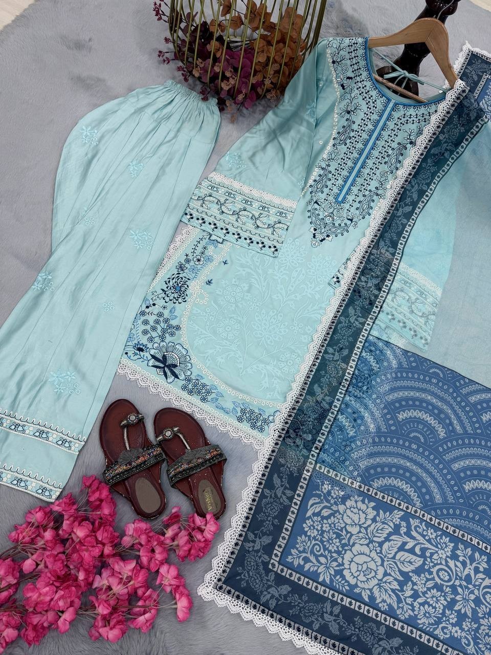 Ready To Wear Sky Blue Satin Rayon Salwar Kameez With Dupatta For Women