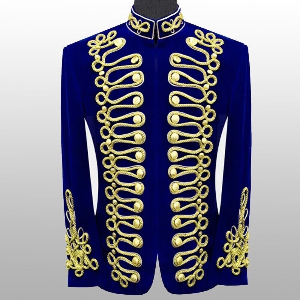 Men’s Royal Blue Hussar Velvet Jacket Military Gold Braided Jacket