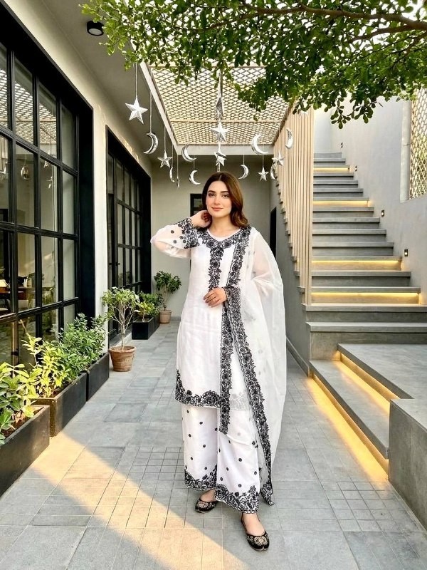 New Latest White Mal Chanderi Top Palazzo With Dupatta For Ethnic Wear