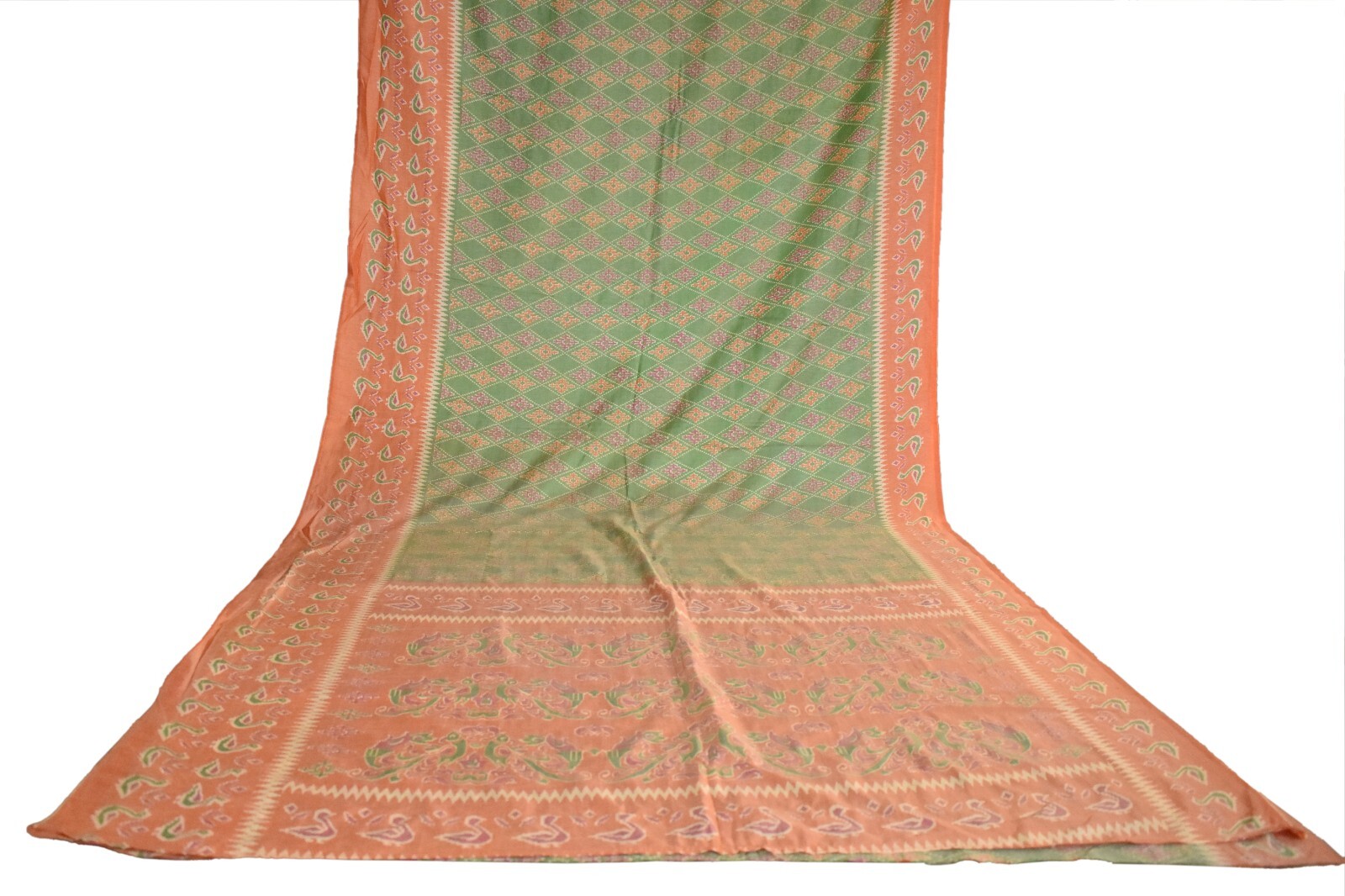 FNC Vintage Green Sambalpuri Ikat Sarees Handwoven Art Silk Sari Fabric Antique