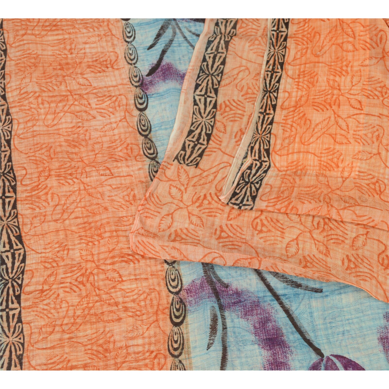 Sanskriti Vintage Peach/Blue Sarees Blend Georgette Printed Sari Craft Fabric