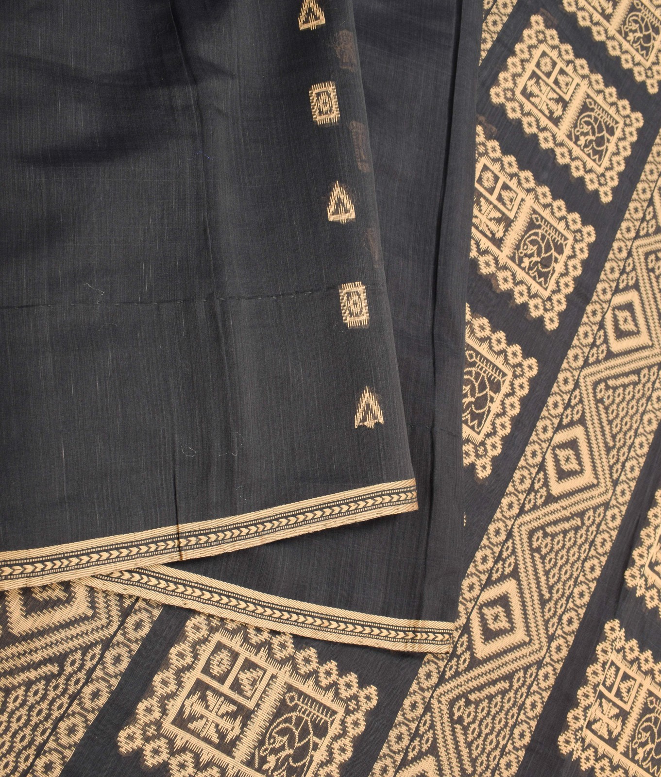 Sushila Vintage Black Handloom Saree Pure Cotton Silk Woven Sari Fabric