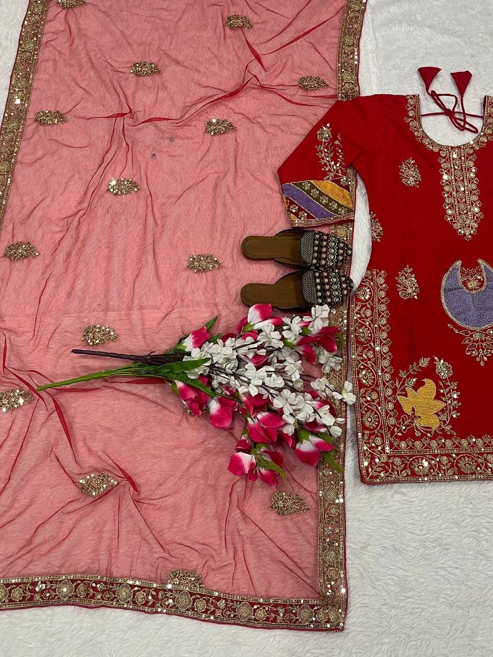 Red Natural Crep Silk Stylish Salwar Kameez With Dupatta For Indian Party Wear