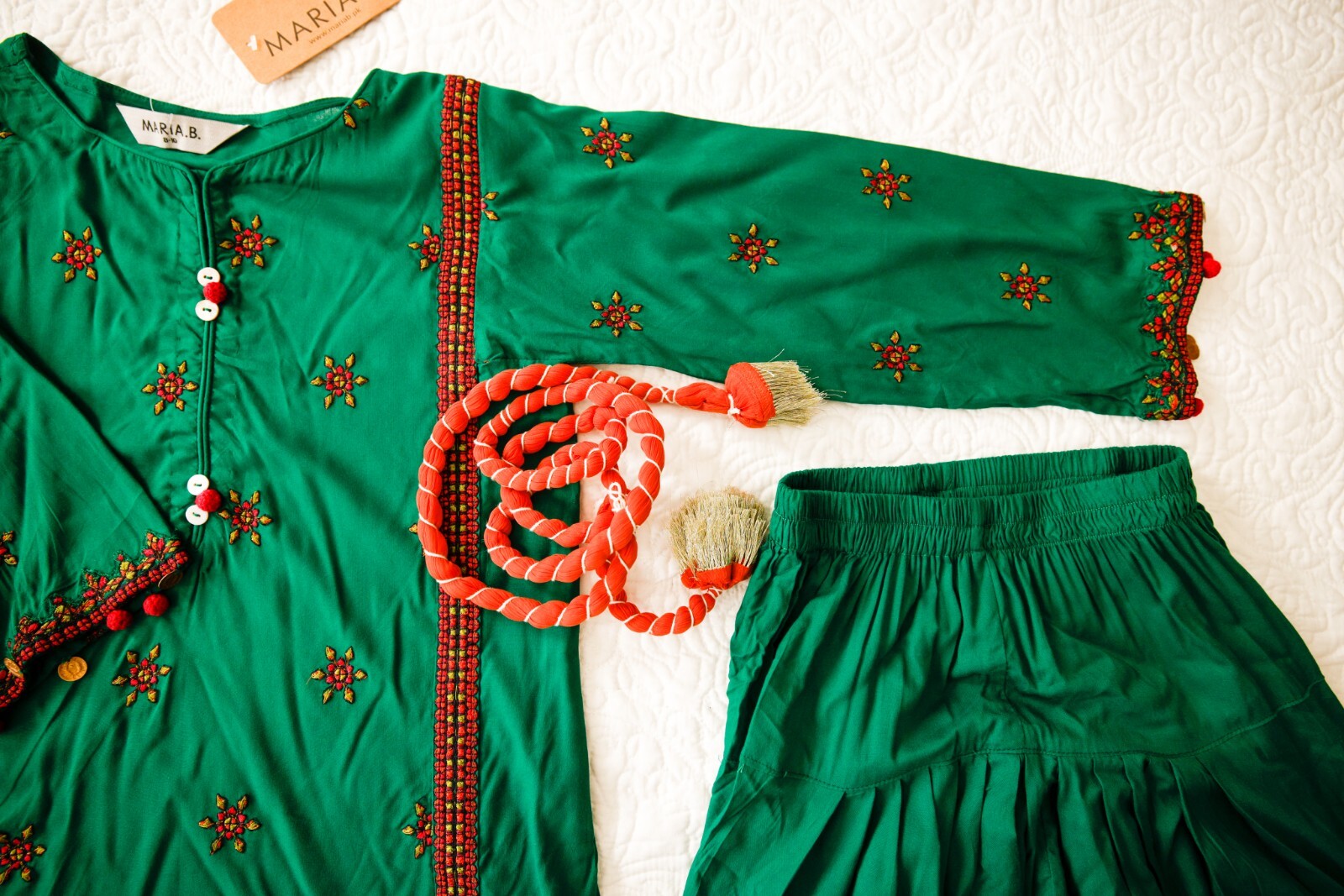 Maria B. Girls Pakistani 3 Piece Kameez Trouser Outfit, 2-4 Years, Green/Orange