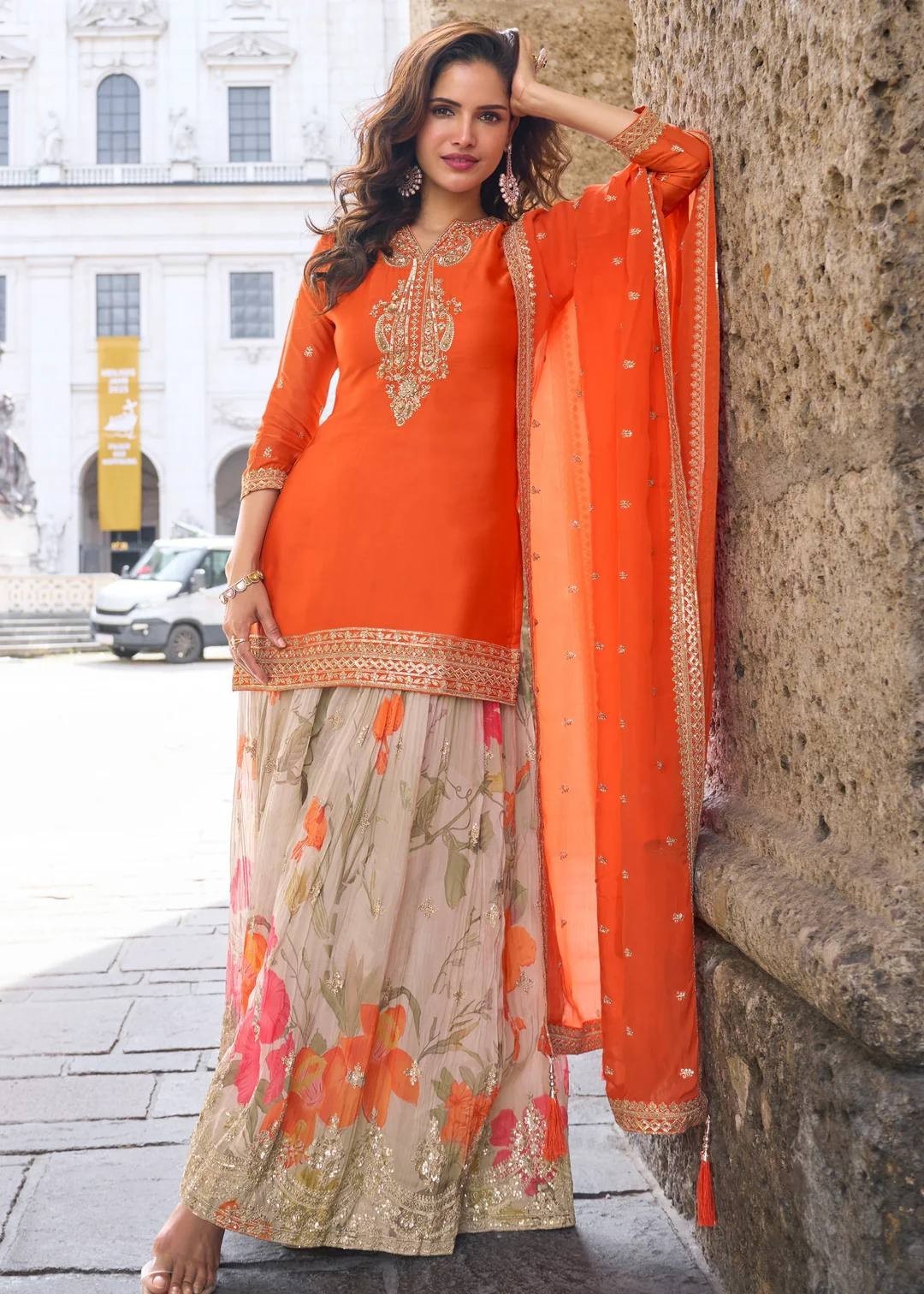 New Launching Chinon Silk Orange Kurta Palazzo With Dupatta For Reception