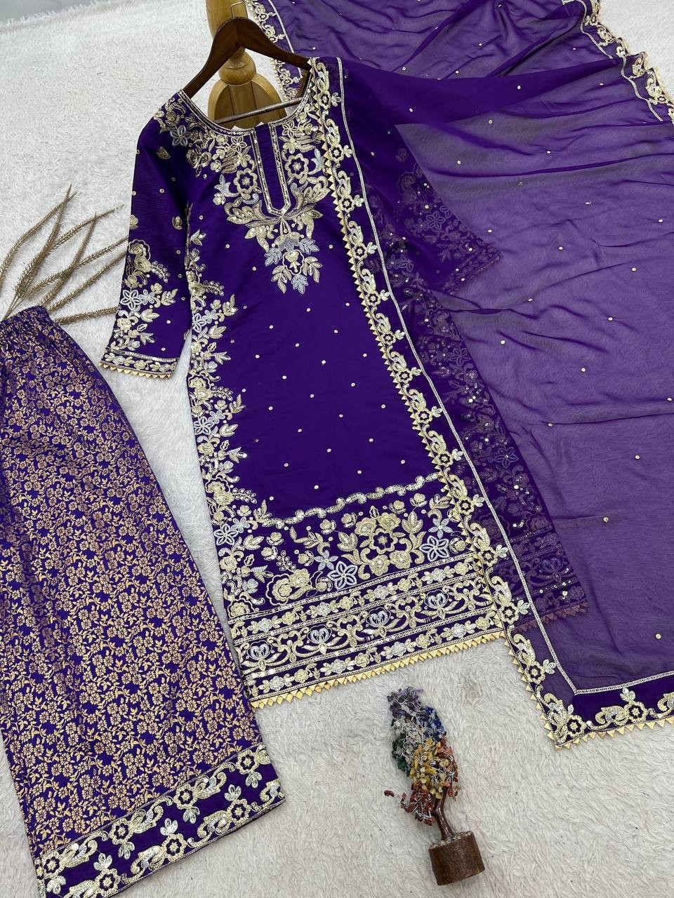 Presenting Heavy Roman Cotton Purple Top Palazzo With Dupatta Function Wear