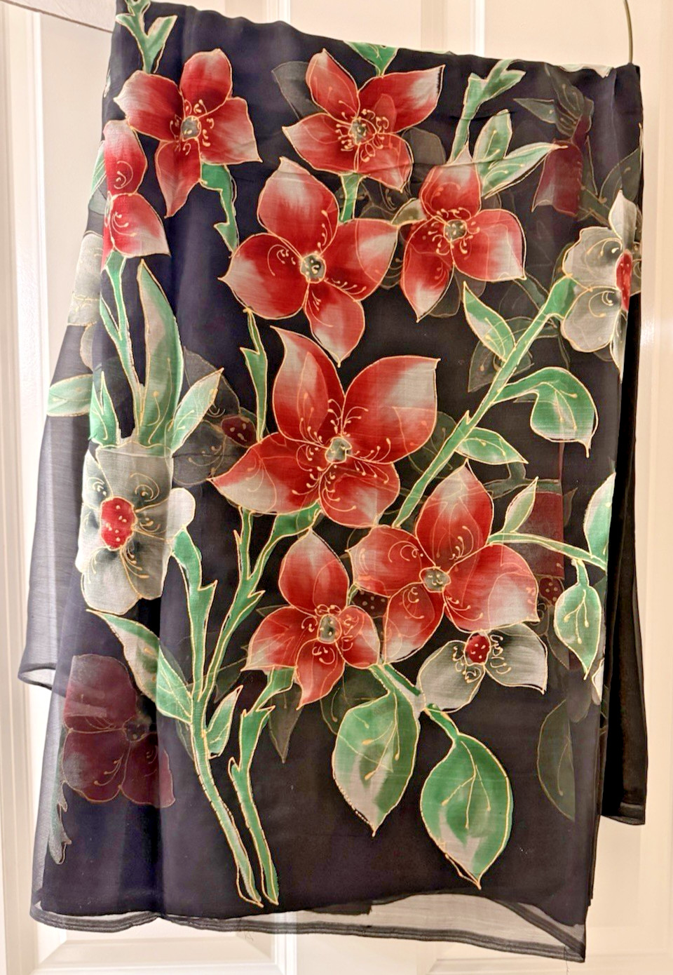 Gorgeous Hand Painted Black Chiffon Saree w/ Floral Red,Green & gold lining