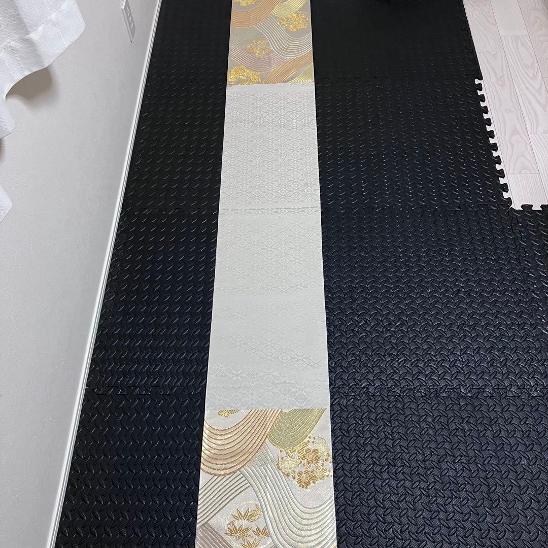 Japanese Silk Fukuro Obi Silver Gold Floral Roundel Curved Line 440 x 30.5 cm