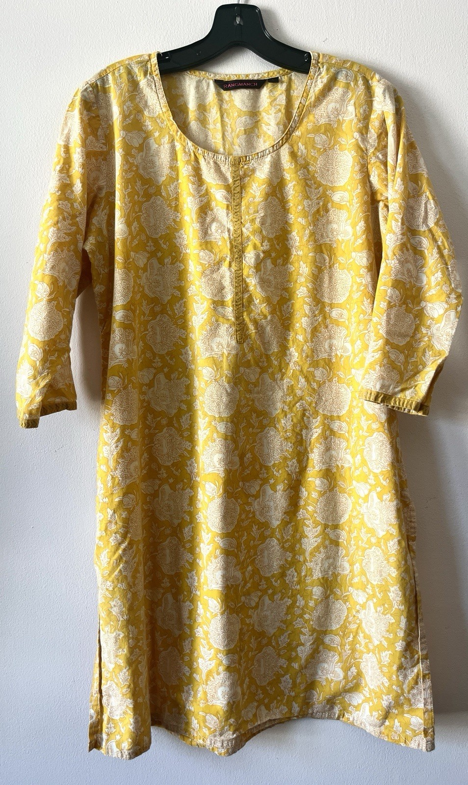 Rangmanch Yellow White Block Print Cotton Kurti Tunic Dress L
