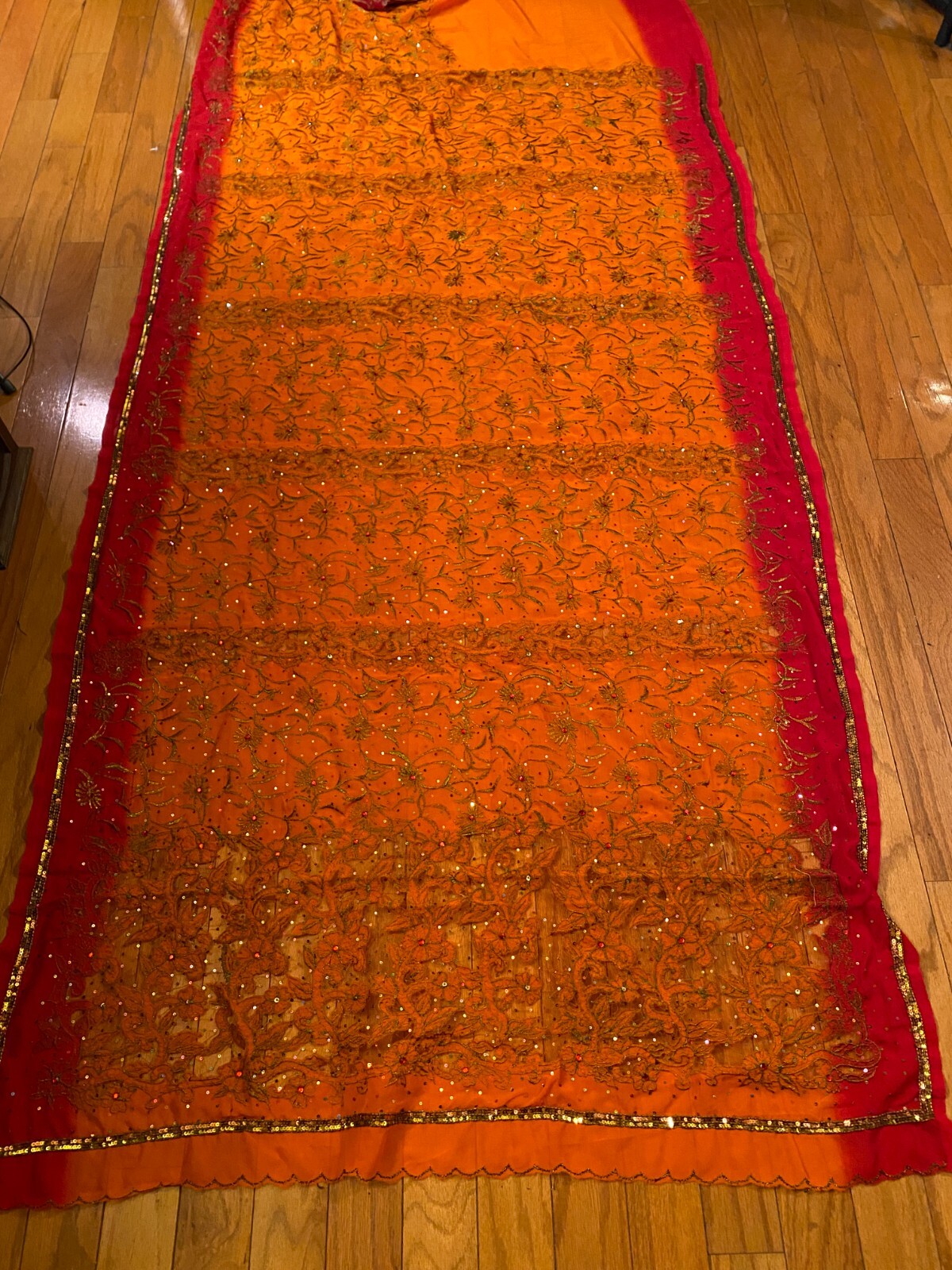 Vintage SARI Wrap ORANGE SHeer Chiffon Embroidery SEQUIN Fabric 6 yds 45″ Red