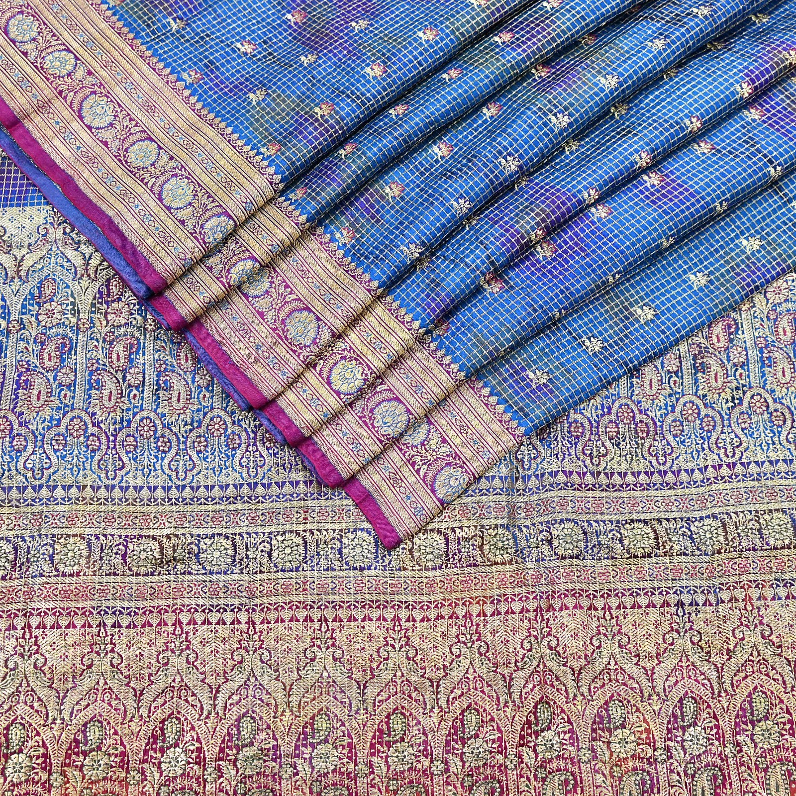 Indian Vintage Blue Heavy Sari Pure Satin Silk Woven Banarasi Tanchoi Saree 5yd