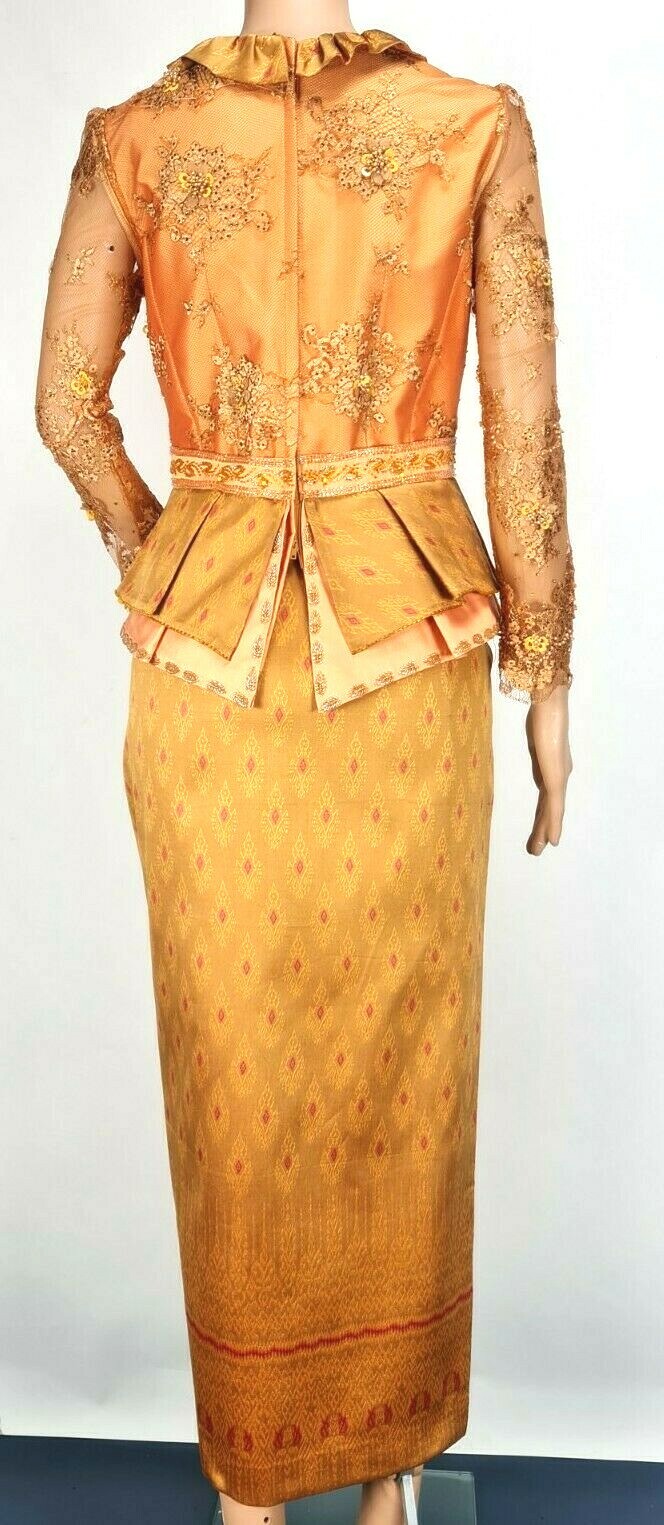 Cambodia Khmer Traditional Out fit Women Size L Gold Lace Korean Silk Skirt