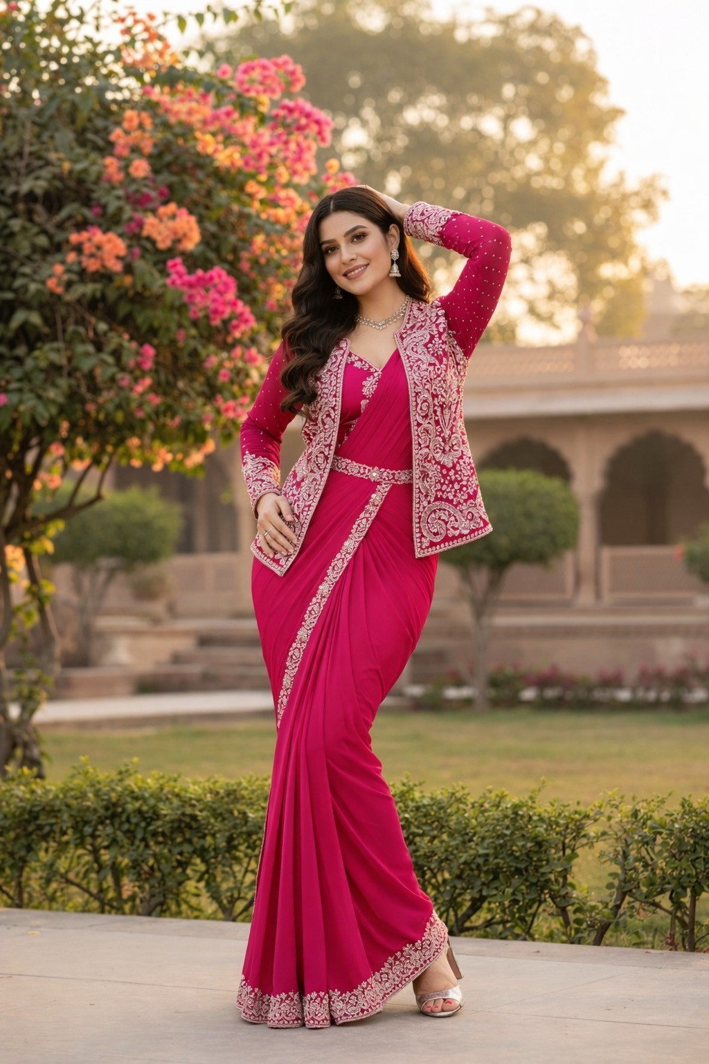 Crepe Silk Saree with Jacket Koti Embroidery Sequins Work Belt Wedding Wear