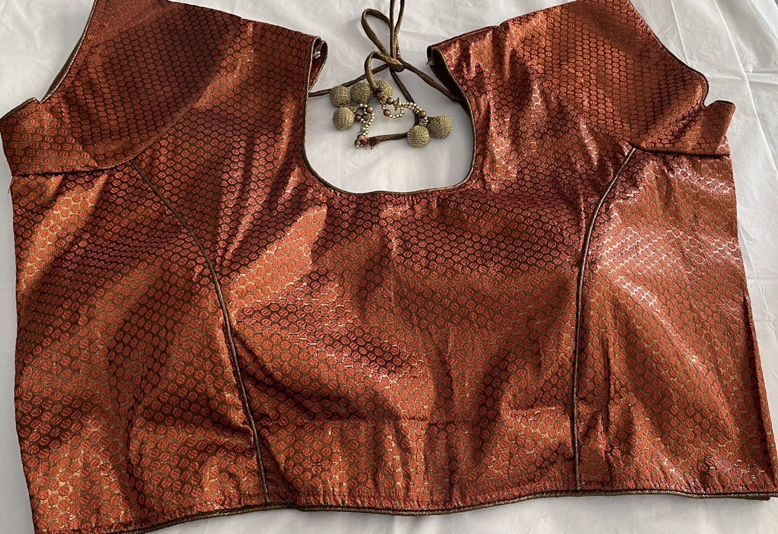 NEW Readymade Designer Sari Blouse in Brown GOLDEN BROCADE SLEEVES DORI 36″ -USA