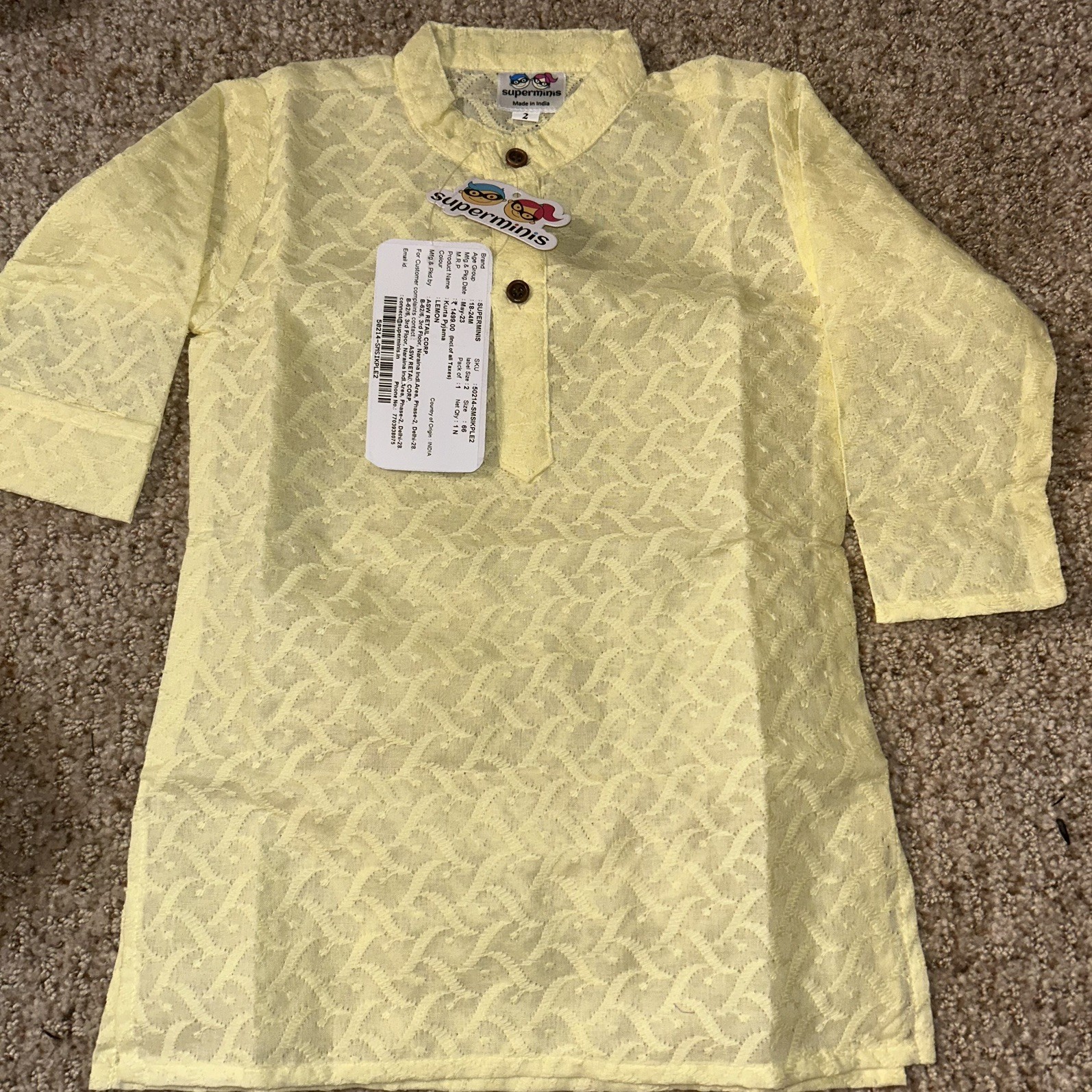 Superminis, Lemon Yellow kurta Pajama,kids size 18-24 months