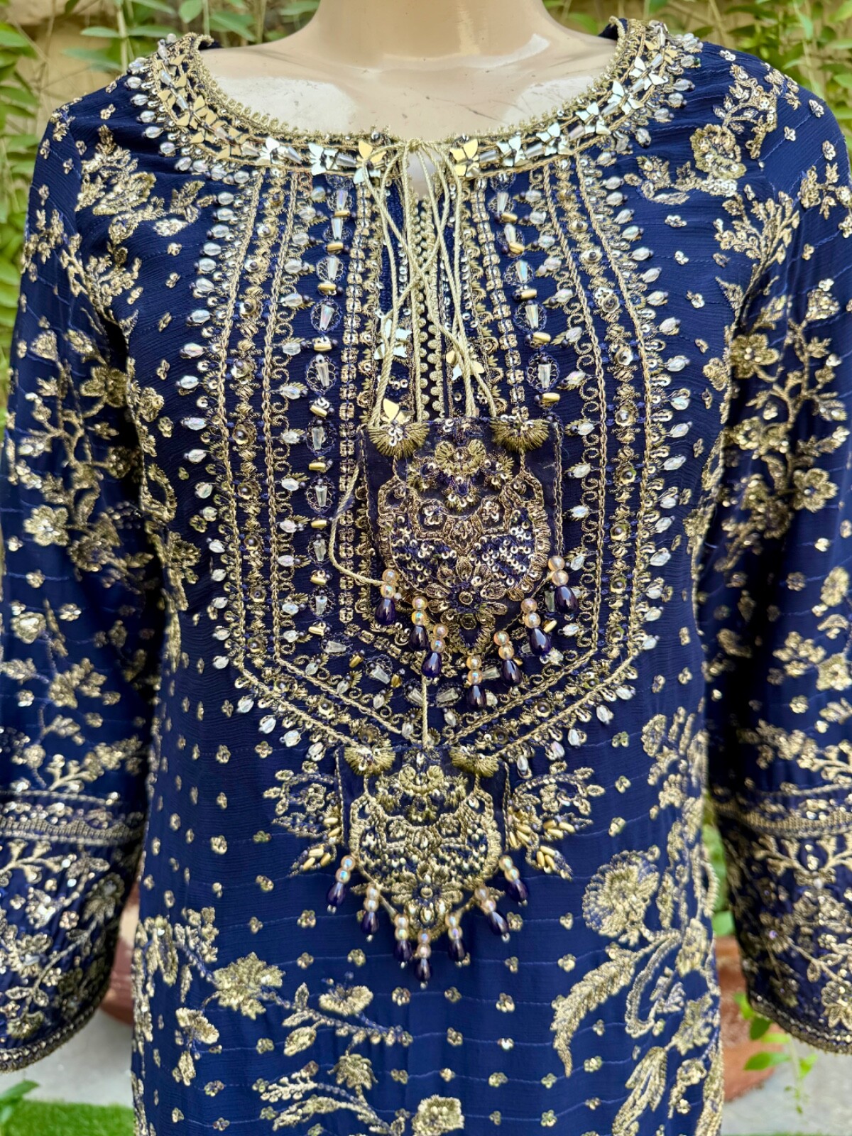 Pakistani Navy Blue Straight Style Embroidered Sequins Chiffon Sharara Dress,S