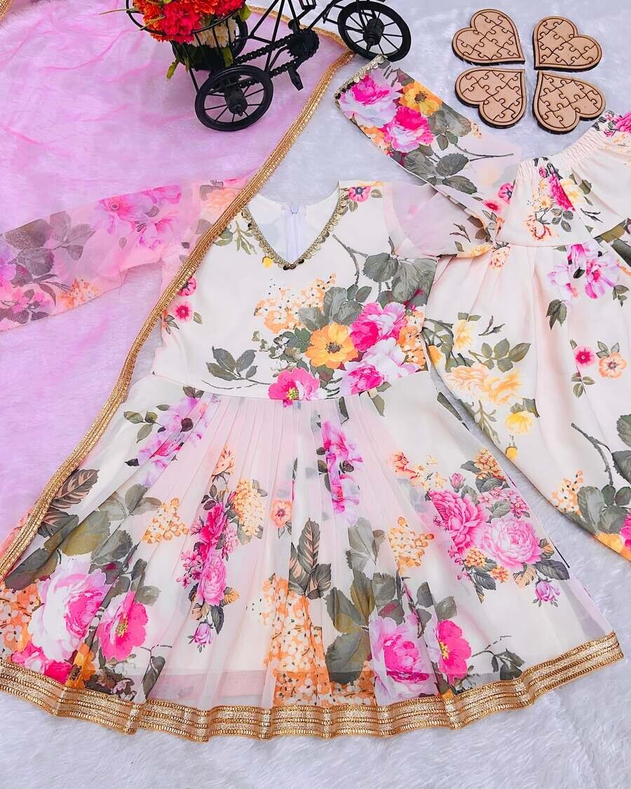 DESIGNER GEORGETTE DIGITAL PRINT WORK KID WEAR TOP DHOTI WITH DUPATTA BABY PINK