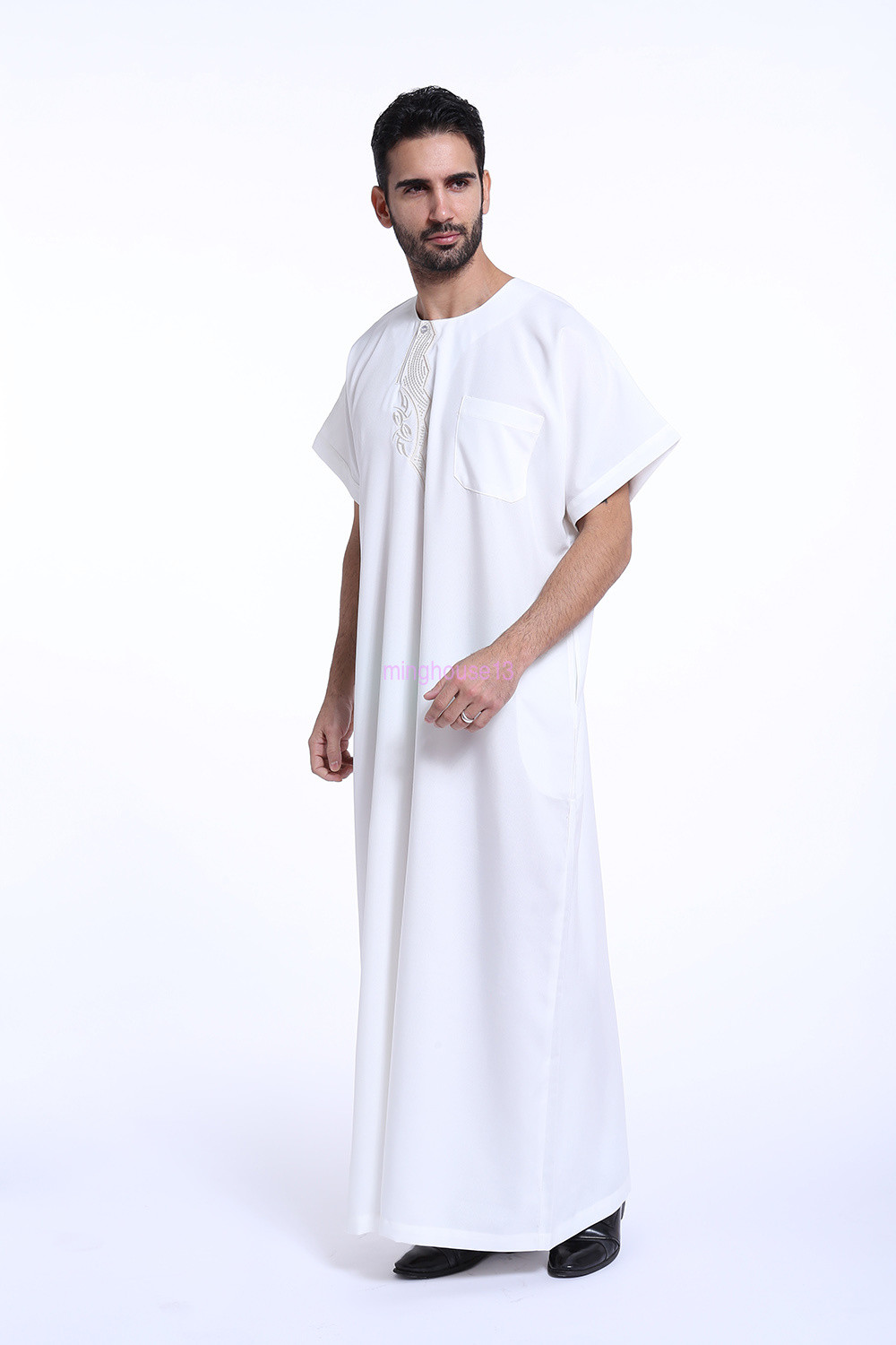 Saudi Men Thobe Jubba Thoub Short Sleeve Kaftan Dishdasha Abaya Muslim Men Robe