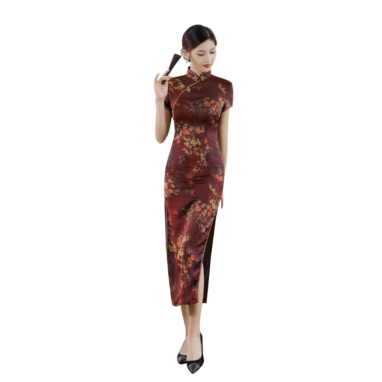Chinese Traditional Silk Qipao Dress Women Summer Long Cheongsam Stage Costumes