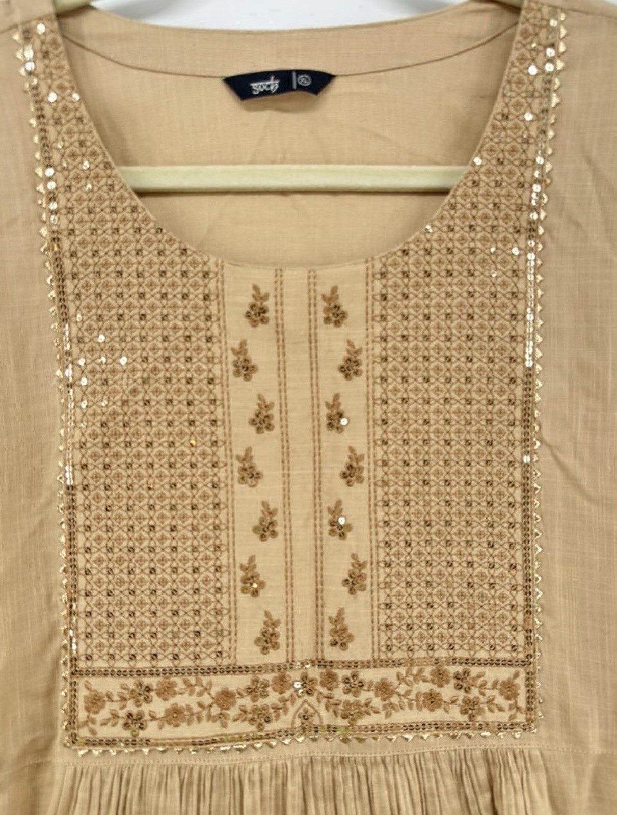 Soch Women’s XL Beige Embroidered Cotton Woven Kurta Top 3/4 Sleeve