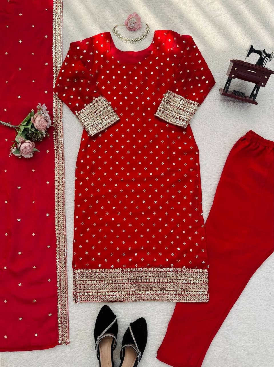 Stylish Look Heavy Silk Red Salwar Kameez With Dupatta For Festival Wear