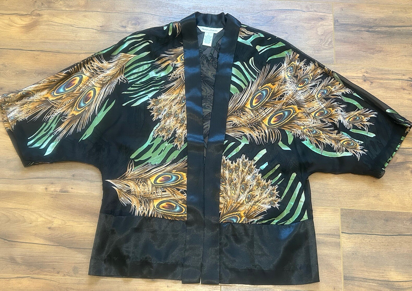 Drapers & Damons LARGE Peacock Black Kimono Robe Vibrant Open Front Green