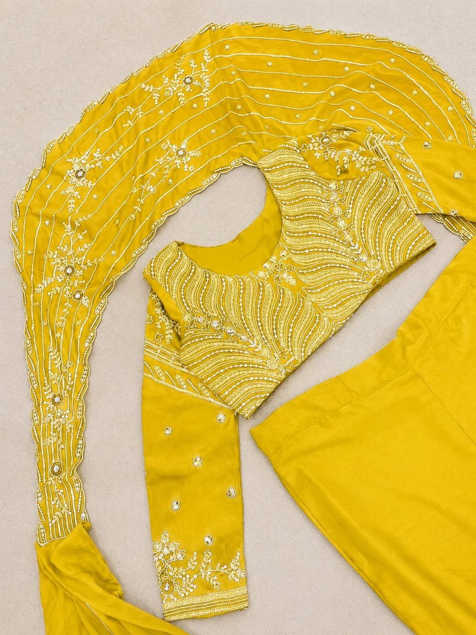 Haldi Ceremony Lehenga Style Saree Chinon Silk Wedding Mehndi Party Wear