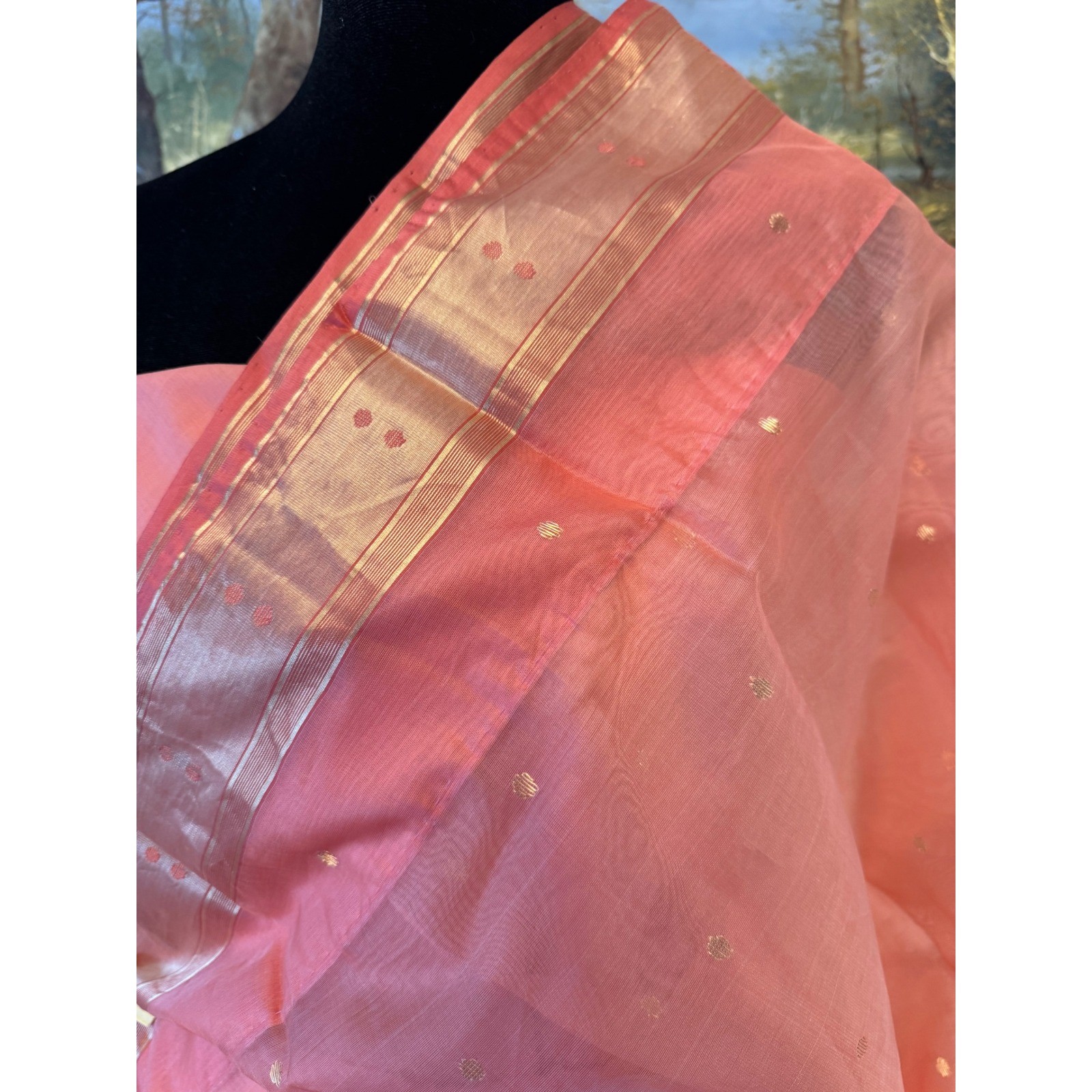 Peach Tissue Coral Gold Zari Embroidered Saree Set w Cotton Petticoat Indian