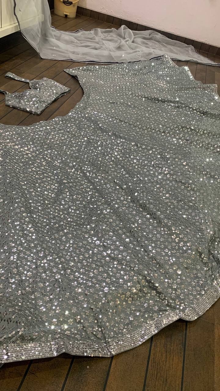 New Unique Gray Kasturi Crepe Silk Lehenga Choli And Stylish Dupatta For Women