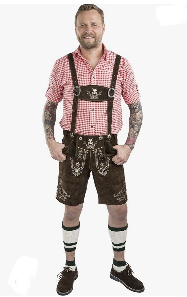 German Bavarian Oktoberfest Schöneberger Trachten Lederhosen Brown Leather Short