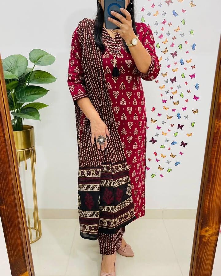 Indian Hand Block Printed Kurta Palazzo Dupatta Set Women Designer Salwar Kameez