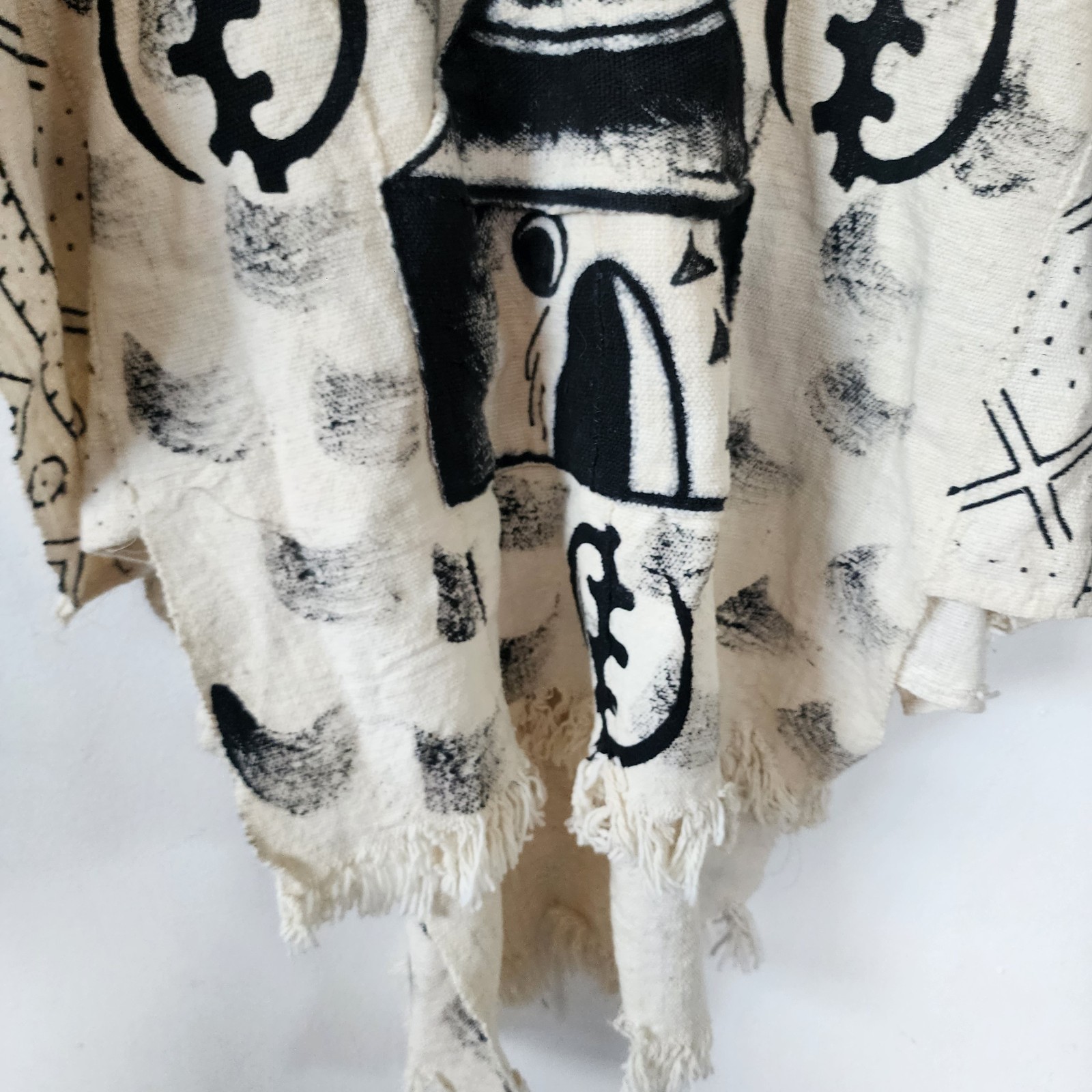 Mud Cloth Poncho Ivory Beige Bohemian Tribal Cape Fringe Shawl One Size Festival
