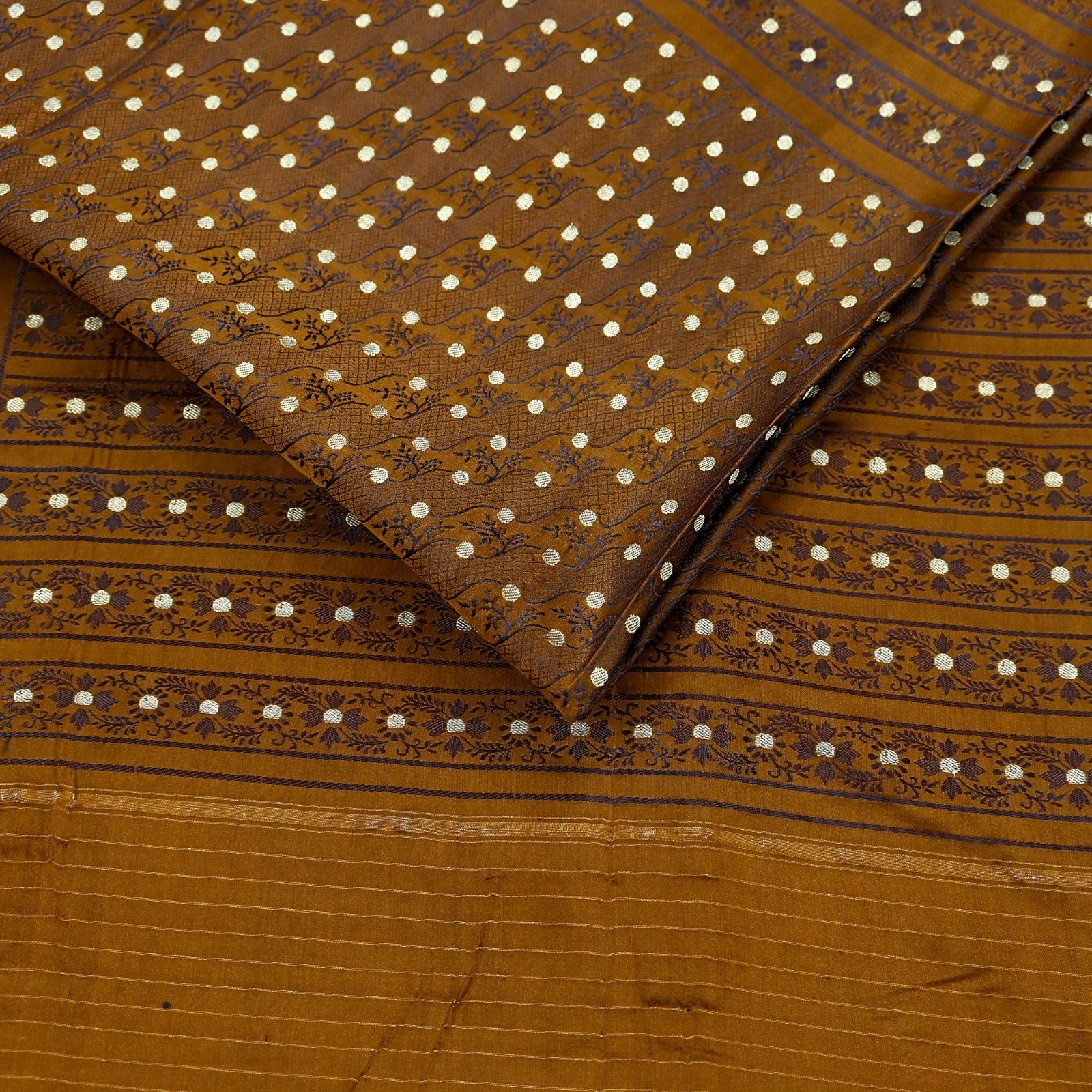 Vintage Sari Golden Brown Heavy Pure Satin Silk Woven Banarasi Tanchoi Saree 5Yd