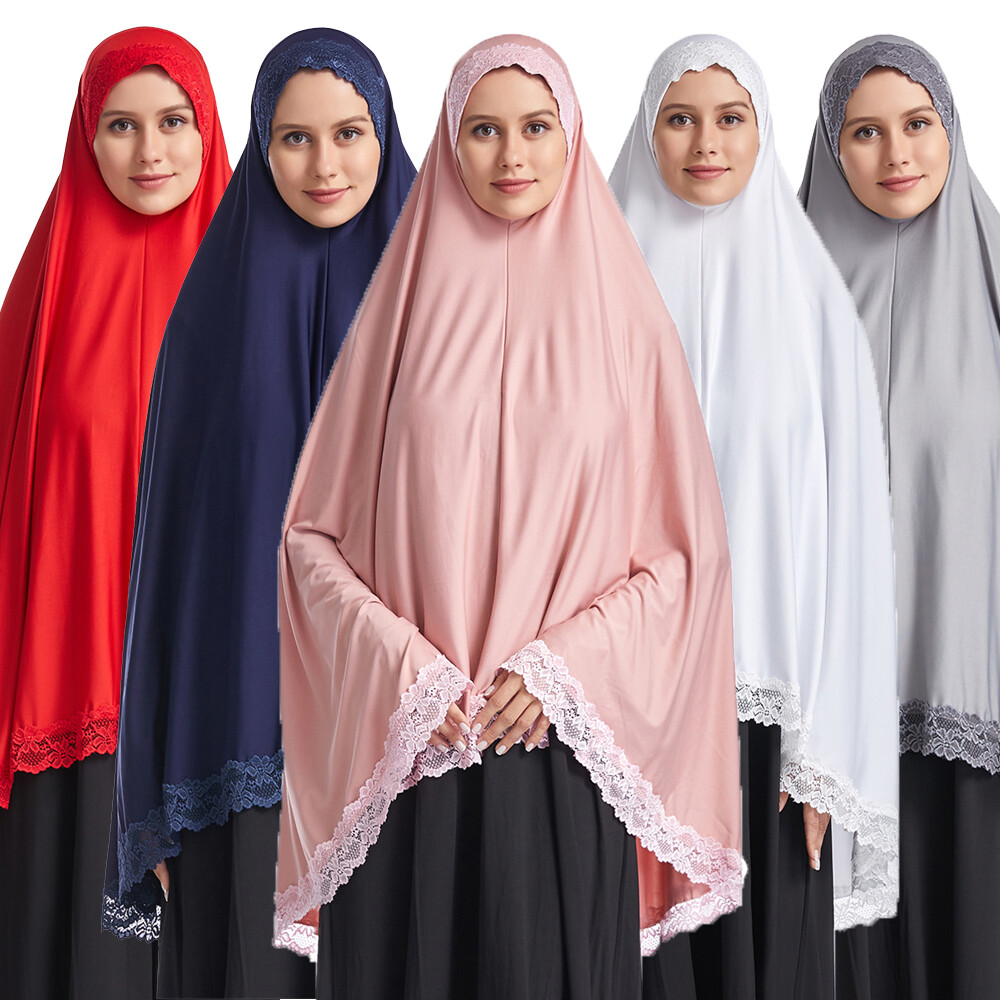 Muslim Women Ramadan Scarf Hijab Islam Prayer Turban Amair Lace Trim Headcover