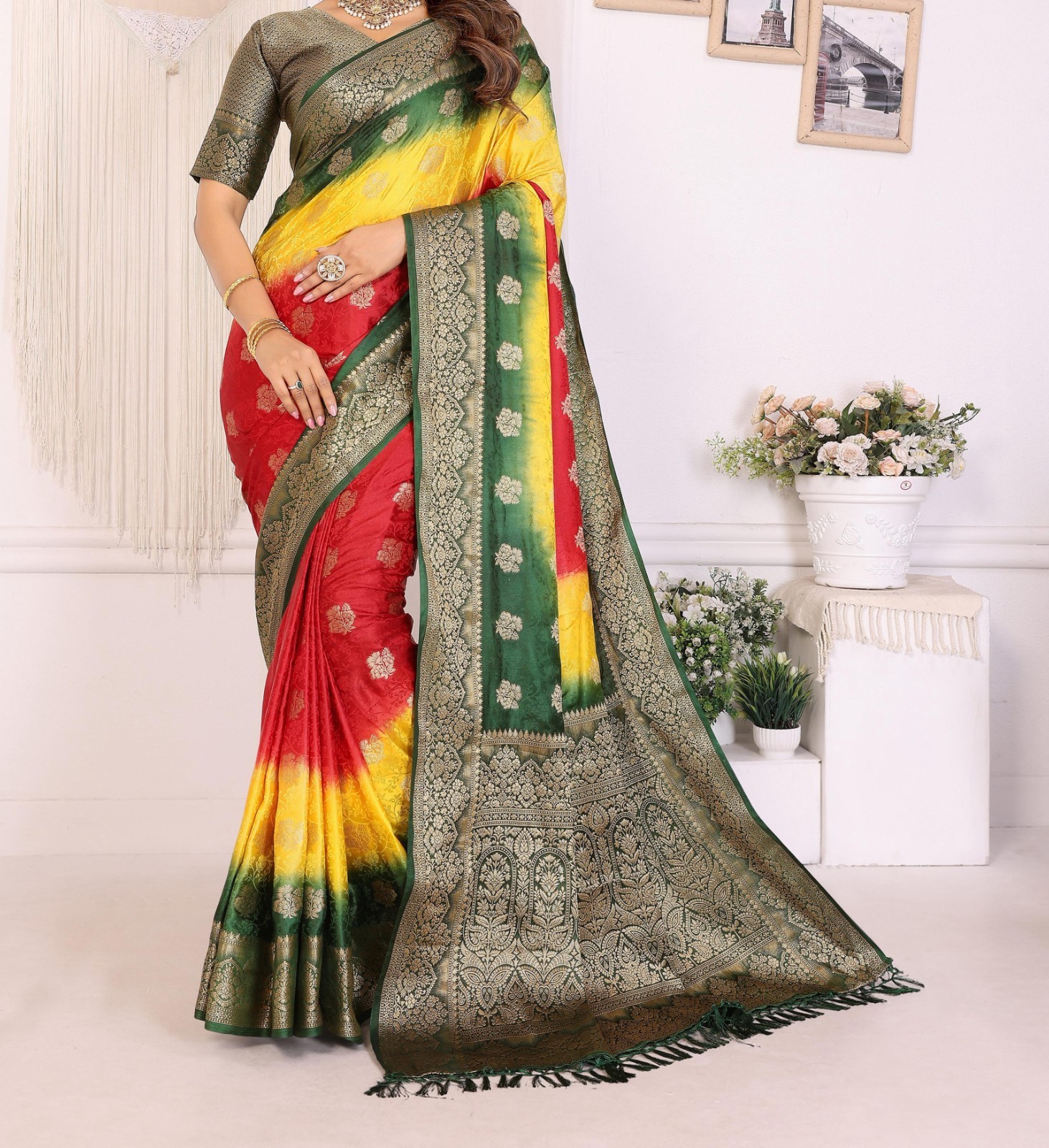 Buy 1 Get One Free Premium 3D Multi-Color Satin Silk Sari With Rich Zari Weaving