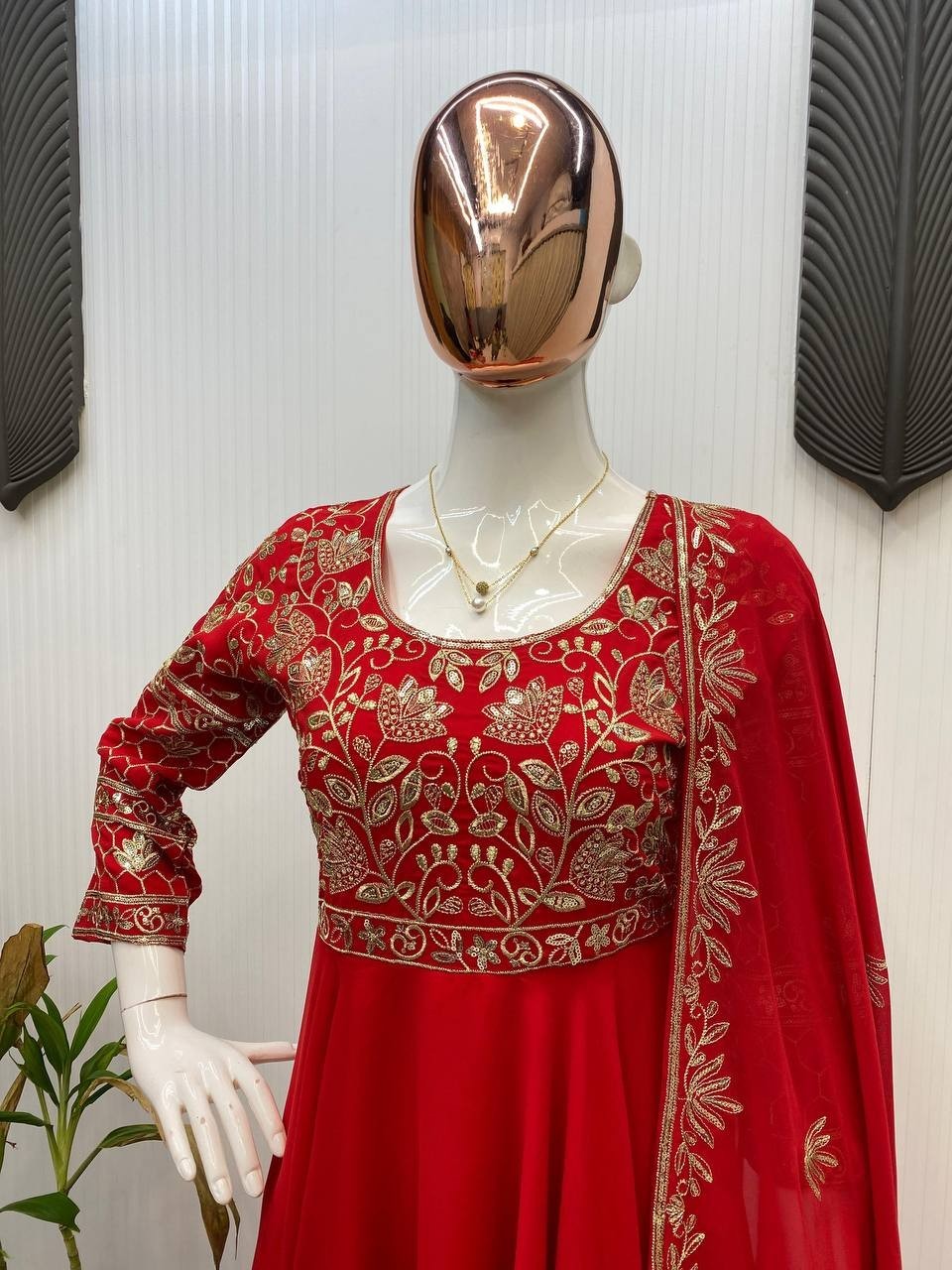 DESIGNER AND EMBROIDERED GOWN AND PANT PAIR WITH DUPATTA IN GEORGETTE
