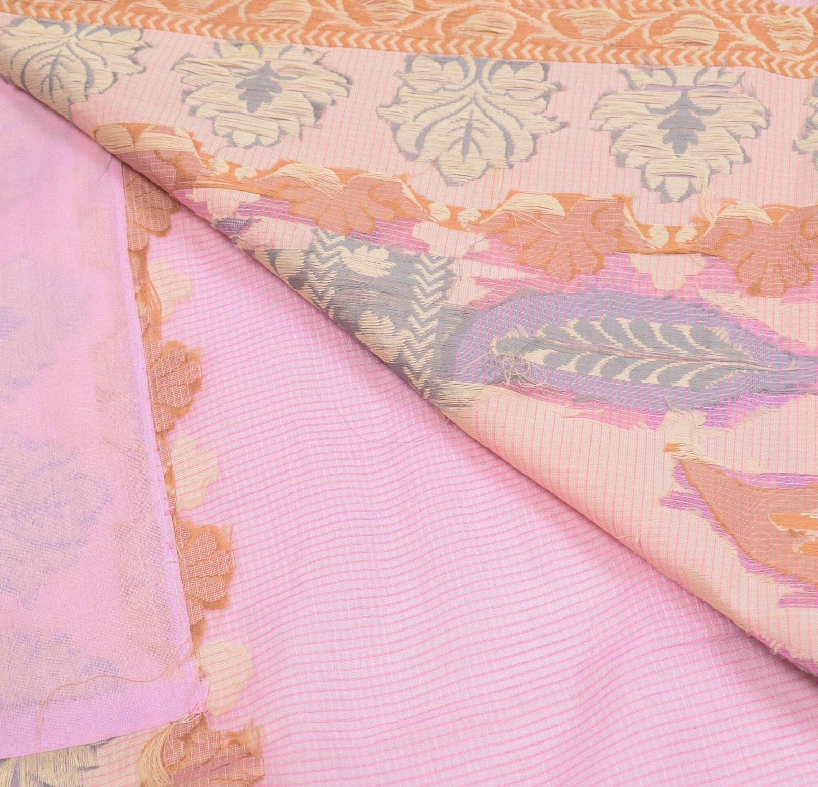 Sushila Vintage Art Silk Pink Saree Floral Woven Sari Checks Base Craft Fabric