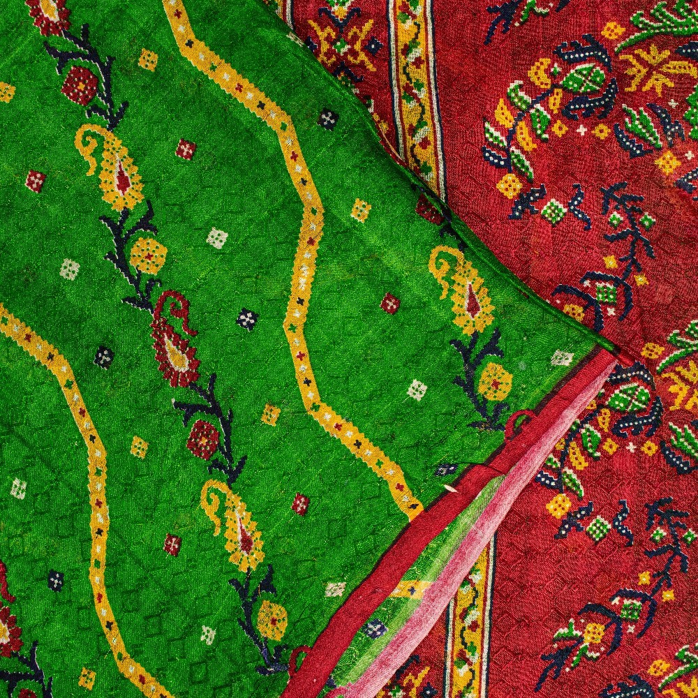 Sanskriti Vintage Green-Red Pure Silk Saree Paisley Printed 5.5+Yard Sari Fabric