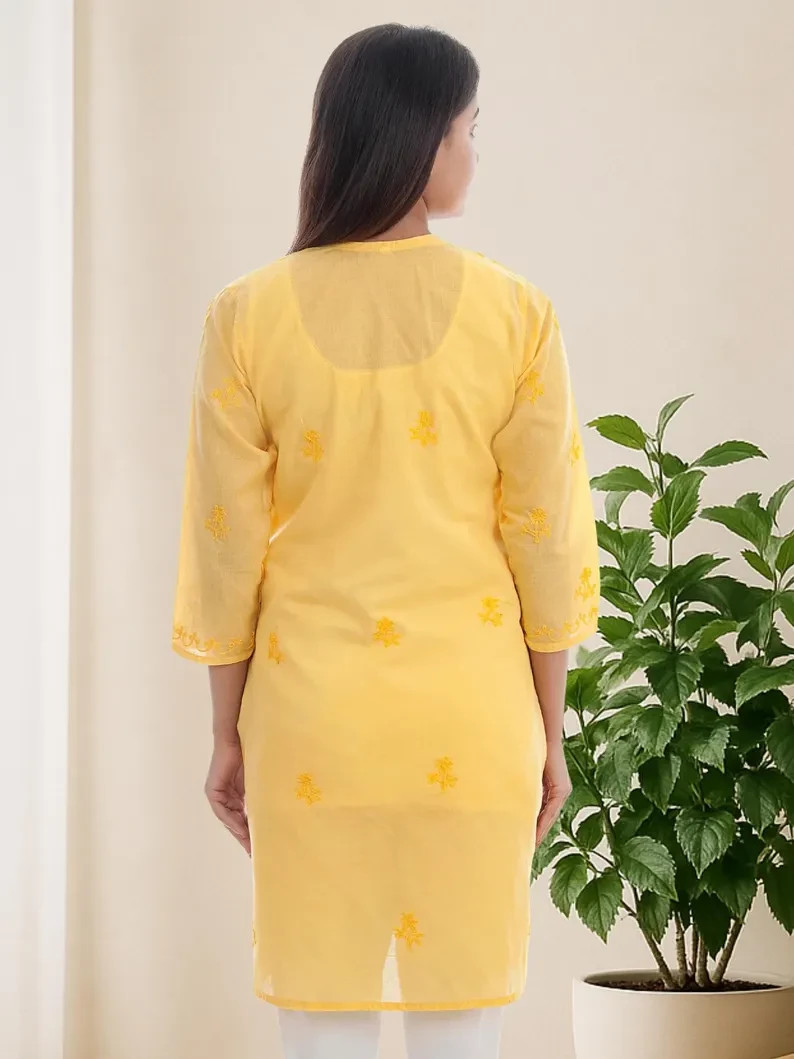 Yellow Cotton Chikankari Kurti | Wool Thread Handmade Kurti For Women