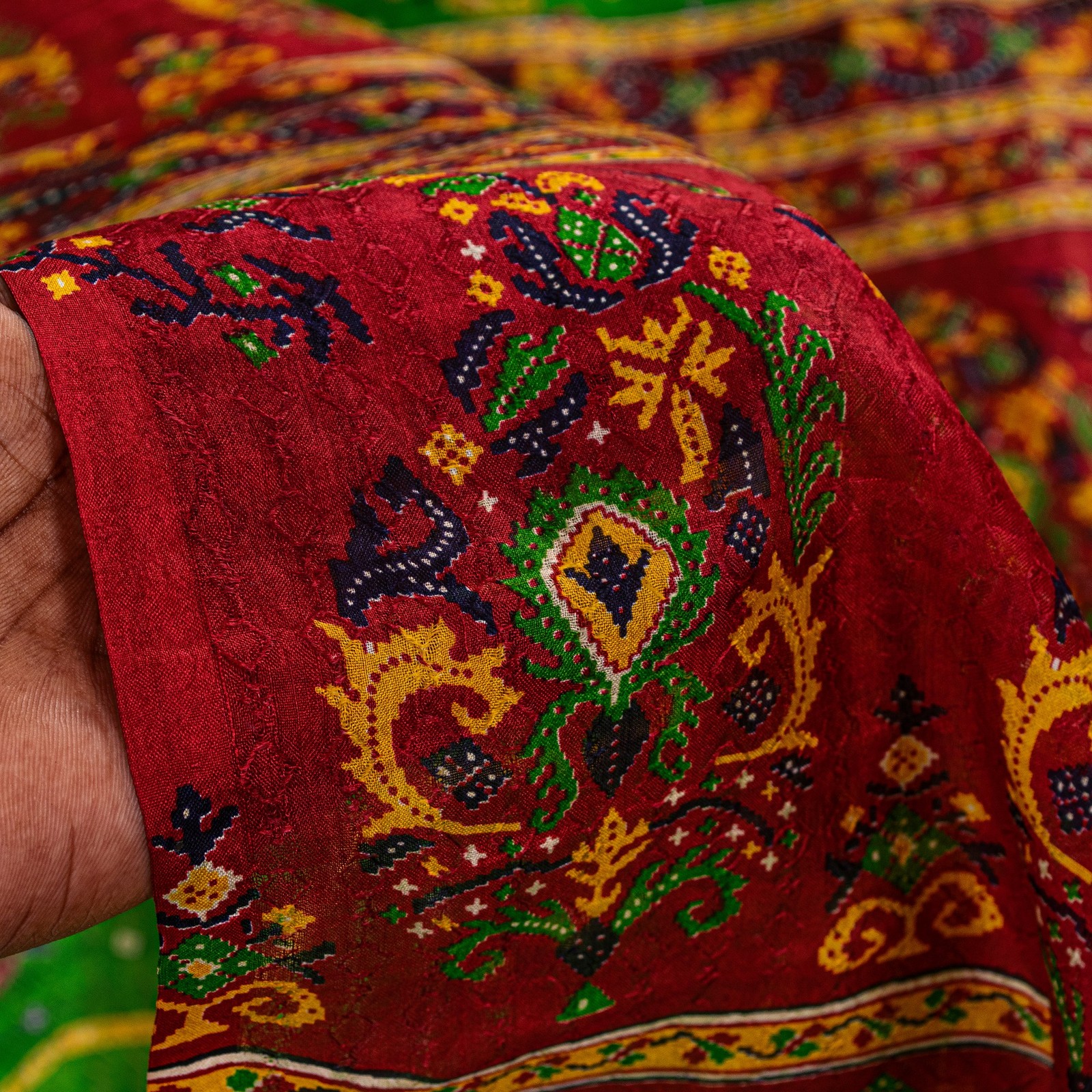Sanskriti Vintage Green-Red Pure Silk Saree Paisley Printed 5.5+Yard Sari Fabric