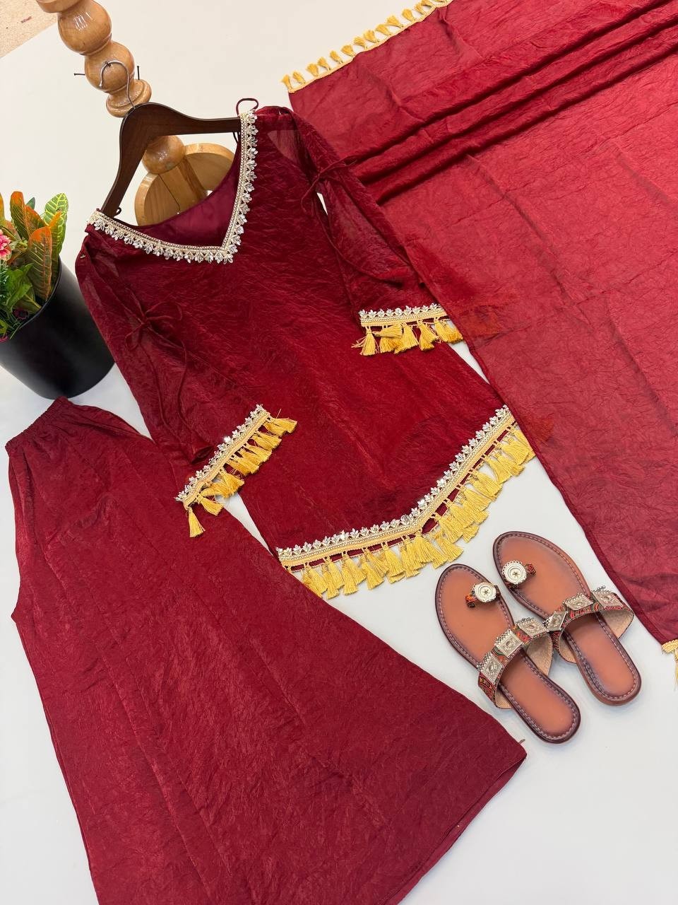 Bollywood Style Doremon Crush Maroon Top Palazzo With Dupatta For Reception