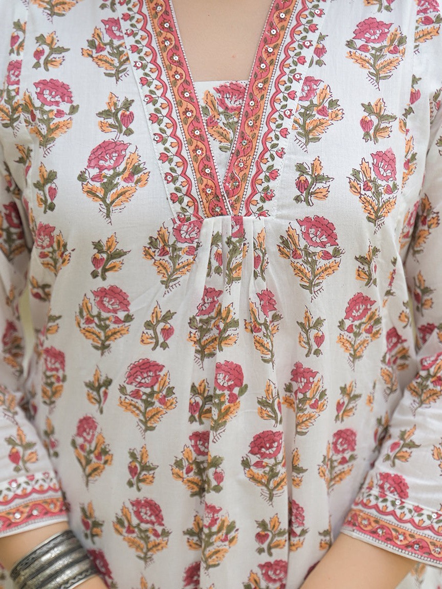White Cotton Hand Block A-Line Kurta Pant Set with Dupatta Plus Size XS-7XL