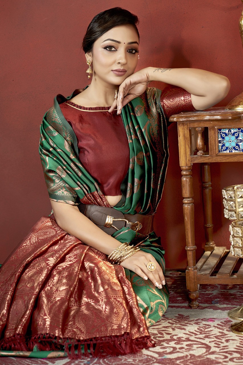 Printed Banarasi Pure Silk Saree (Dark Green)