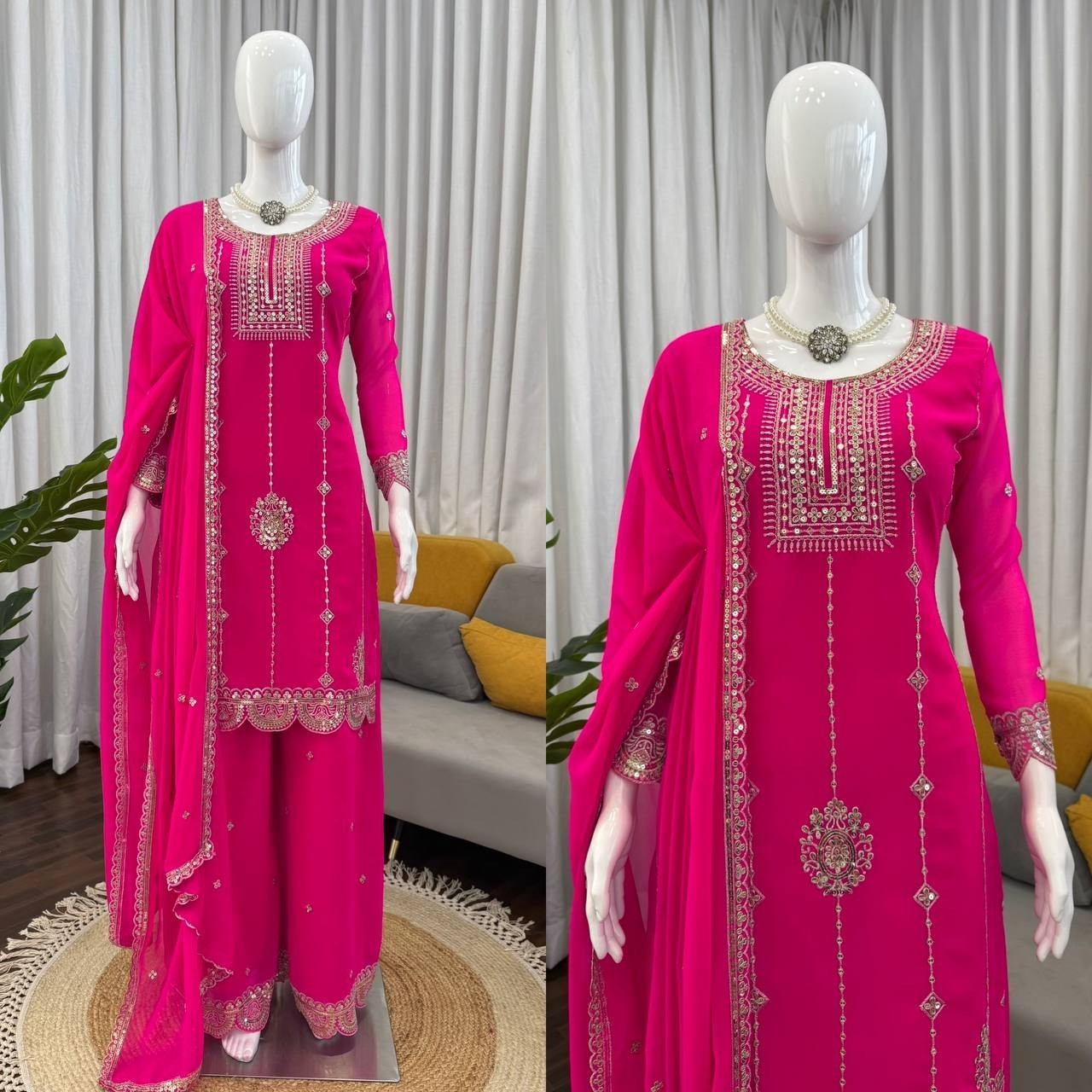 Latest Pink Faux Georgette Kurta Palazzo With Dupatta For Indian Ethnic Wear