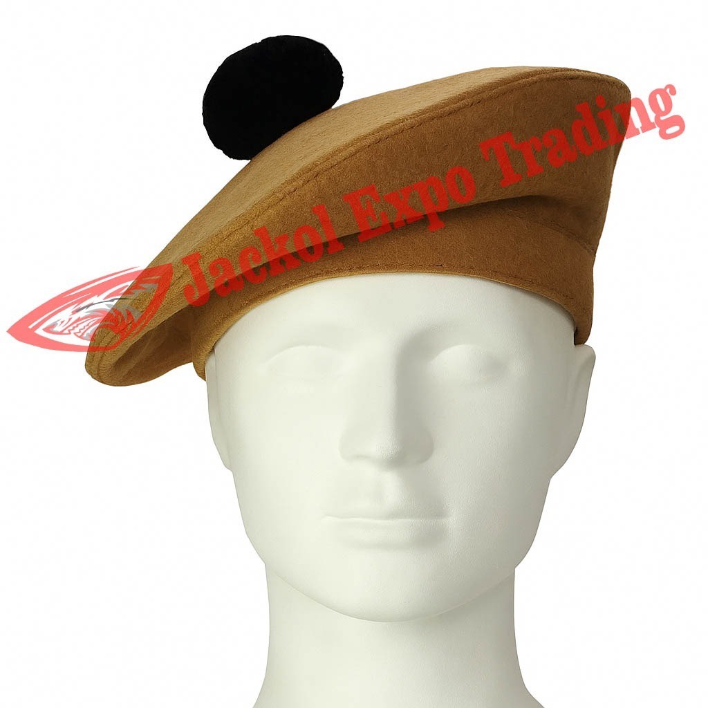 Scottish Highland Brown Balmoral Bonnet with Black Pom Pom – Wool Beret Hat for