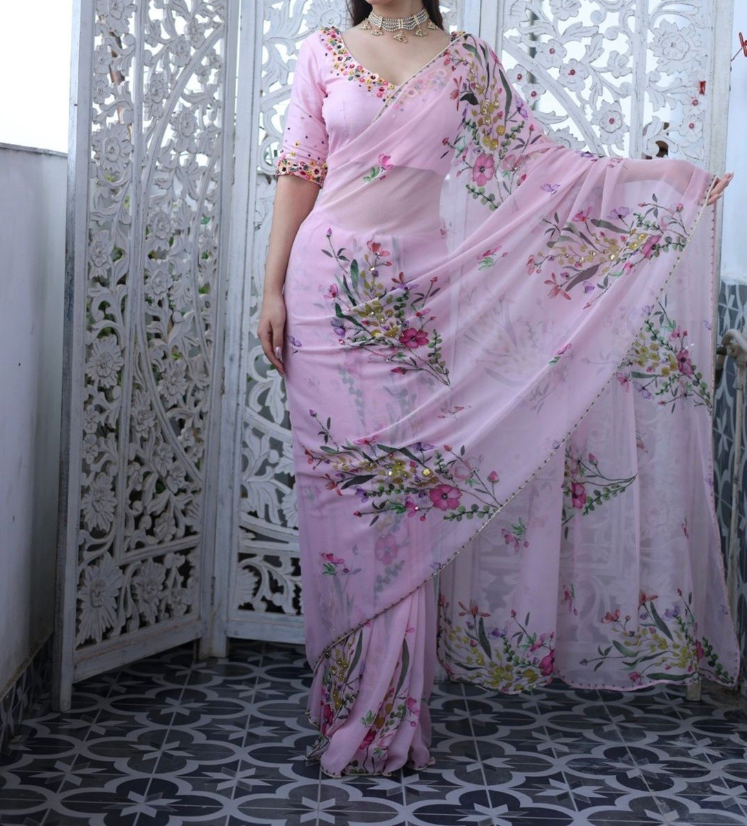 Tebby Silk Floral Saree with Cutdana & Sequence Handwork With Cutwork Border