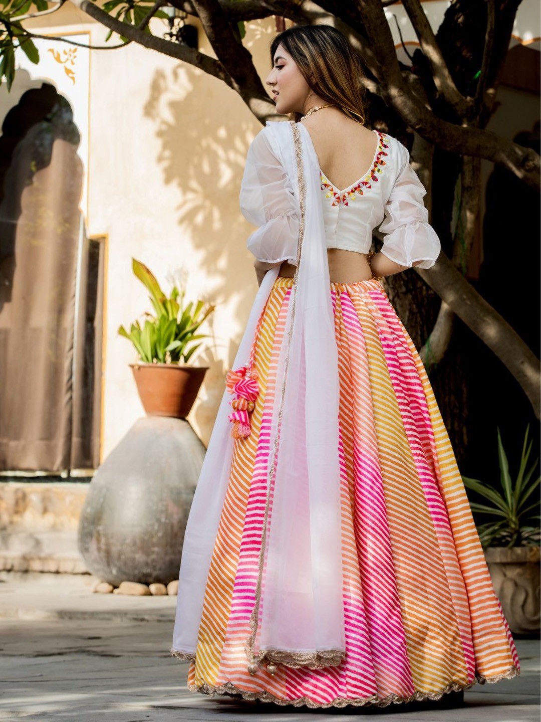 Festive Party Wear Organza Lehenga Choli With Digital Print & Mirror Work