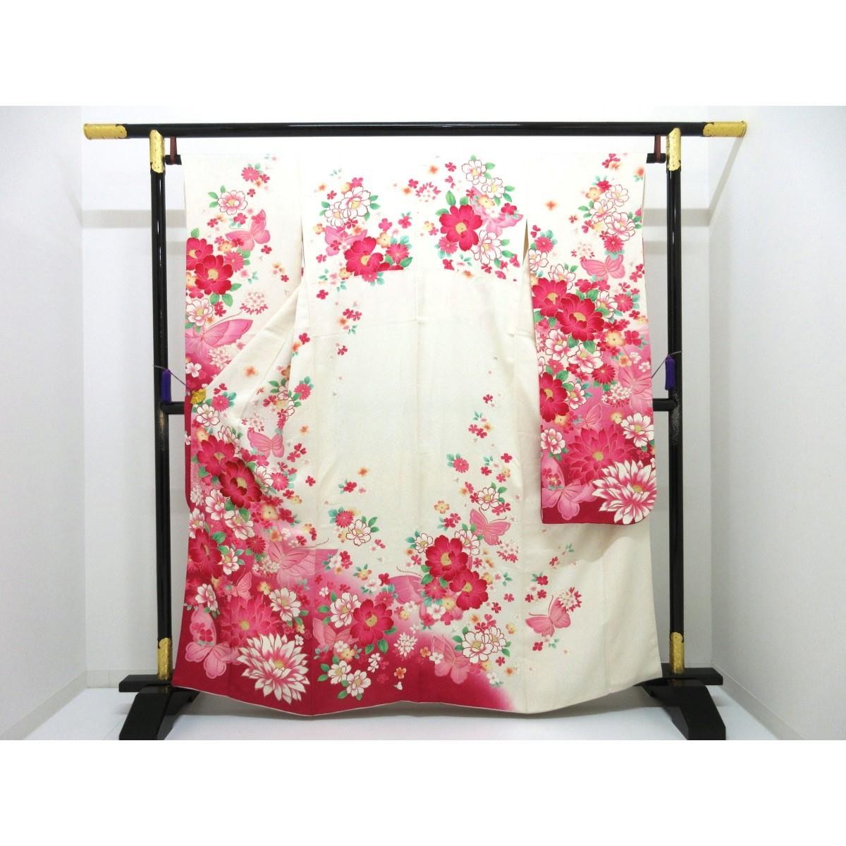 Authentic Japanese Kimono, Yuzen dyeing with gold leaf and embroidery, grada…